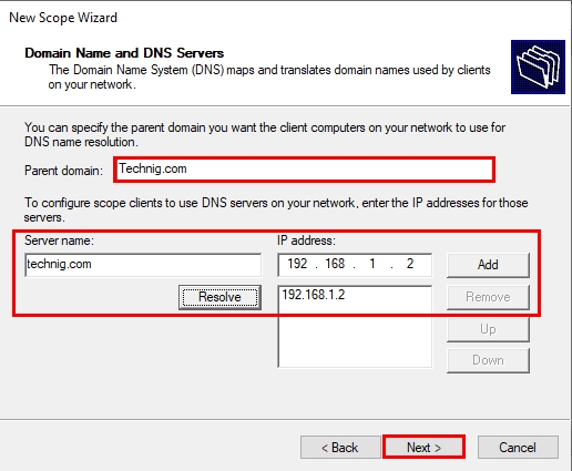 Domain Name and add the DNS Server(s) 